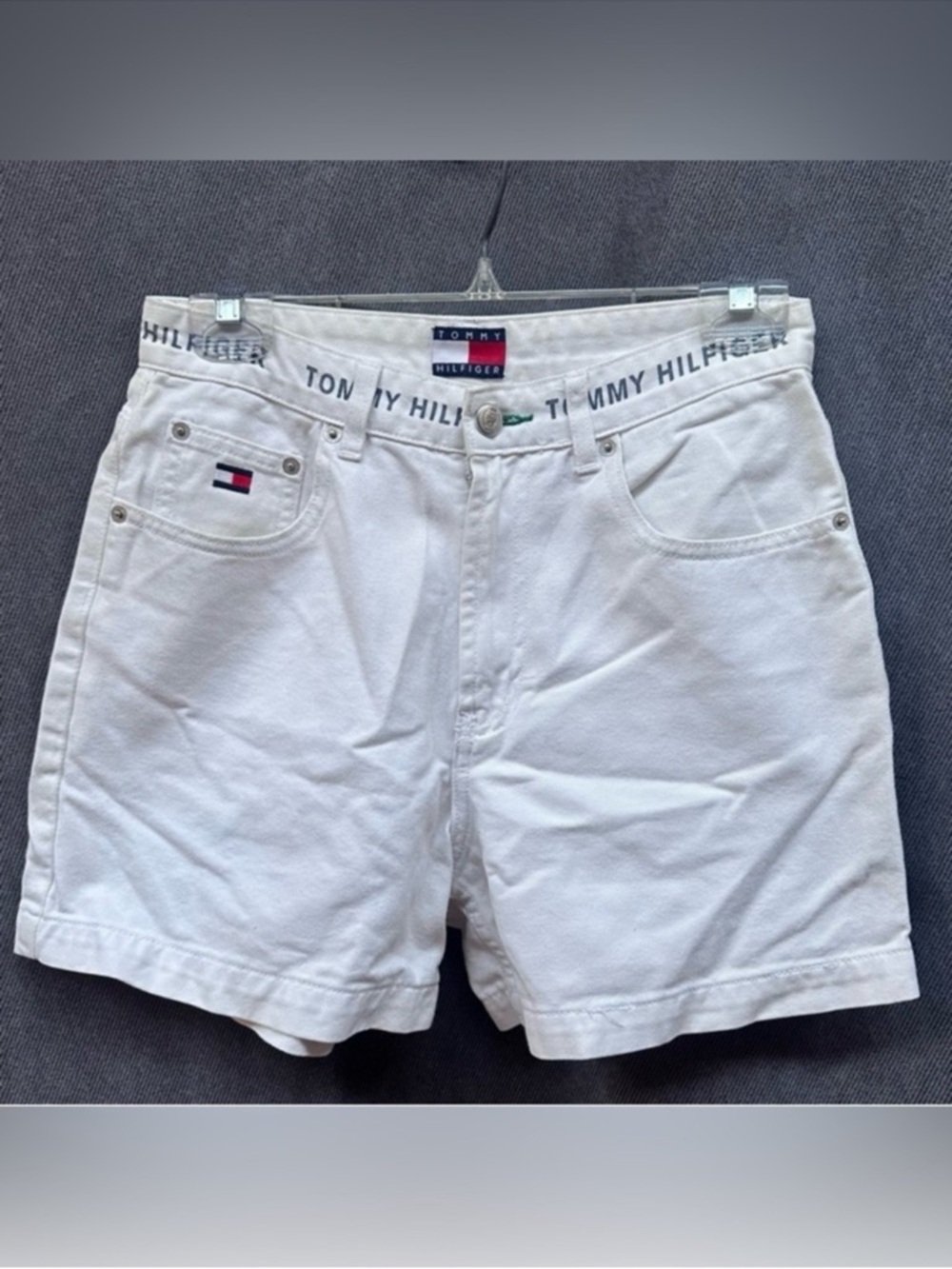 Tommy Hilfiger jean shorts white Y2K high waist spell out sz 8 women’s